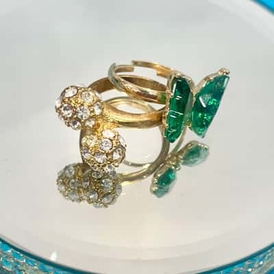 Gold 2 Ball Diamonte & Green Gemstone Butterfly Ring 