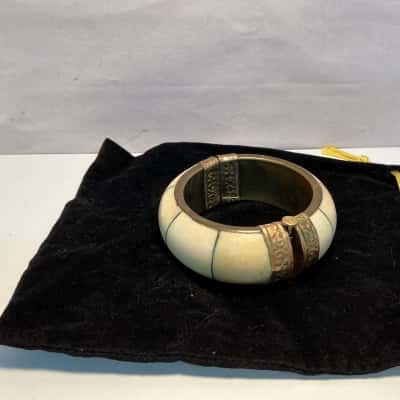 Vintage Ethnic Brass and Bone Hinged Bangle 