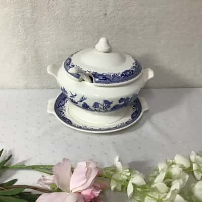 Vintage Webb Old Willow Blue & White Pattern Soup Tureen with Ladle & Plate