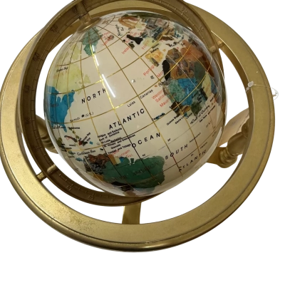 Semi Precious 10 Inch Stone and Map Inlay Desktop Globe with Brass Stand