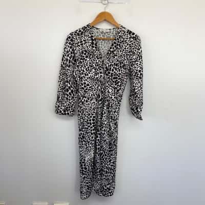 Veronika Maine Black White Pattern Long Sleeve Midi Dress  Size 10