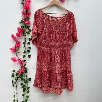 Rockmans Womens Elbow Flared Sleeve Midi Dress Size 14 Pattern / Red 