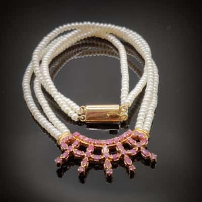 Indian Master Piece Double Strand Of Freshwater Pearls With Ruby & 22kt Gold Centre Feature 46cm Long