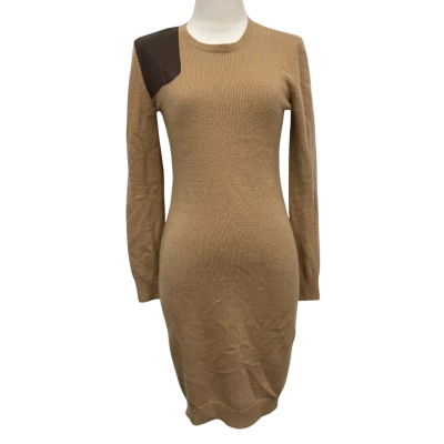 Ralph Lauren Womens Faux-Leather Trim Dress in Wool + Cashmere - Size XS Brown 