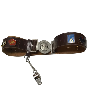 Vintage Boy Scout Brown Leather Belt With Ten Metal Badges & Whistle