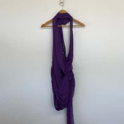 Pretty Little Thing Purple Sheer Chiffon Ruched Detail Asymmetric Drape Bodycon Dress Size 16 