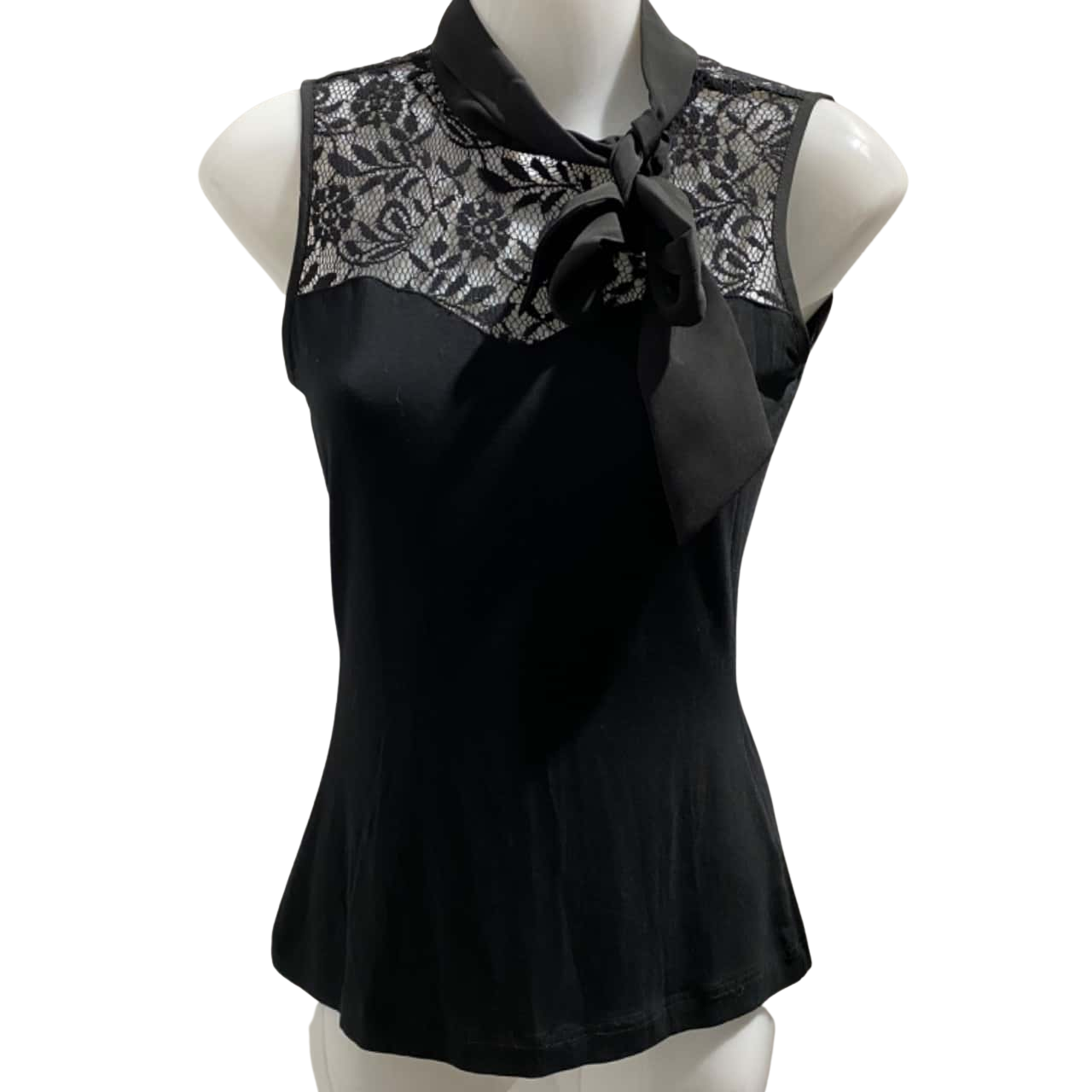 Review Womens Size 6 Sleeveless Black Top Lace Panel with Bow(s)