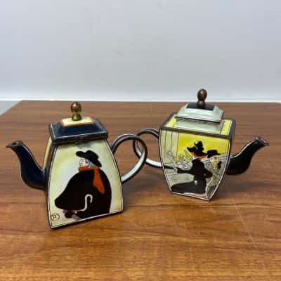2 x miniature enameled copper tea pots
