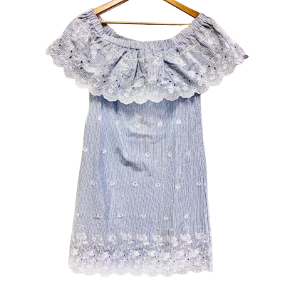 BNWT Just Jeans Size 10 Off-The-Shoulder Blue / White Striped, White Floral Embroidery Dress