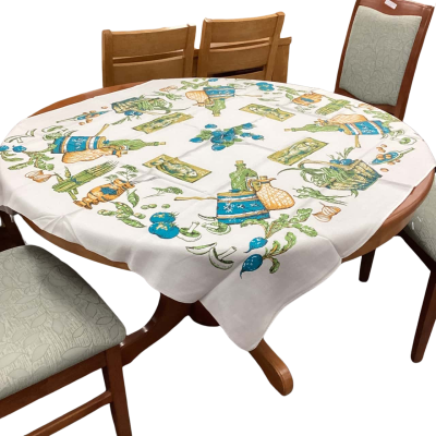 Tablecloth 128 x 112 cm white with fruit & vegetable motifs in orange, olive & blue (table and chairs for display only)