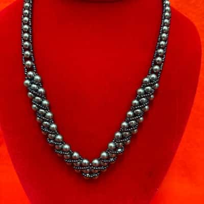  Women's Double Strand Beaded Necklace featuring Silver-Gray Faux Pearls & Small Beads