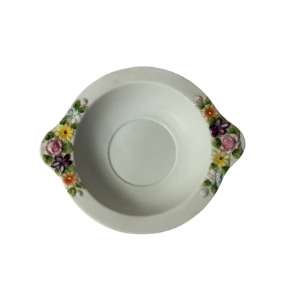 White Bisque Porcelain Candy Dish with Embossed Flower Handles
