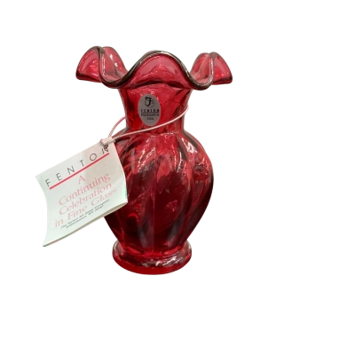 Vintage Fenton Art Glass Hand Blown Cranberry Spiral Ruffled Vase 