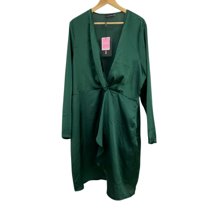 Brand New - Pretty Little Thing - Womens Satin Long Sleeve Wrap Dress -  Size 20 - Emerald Green 