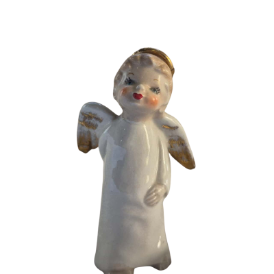 Mid Century Angel Holding Puppy Behind Back 12cm Figurine Gold Accents