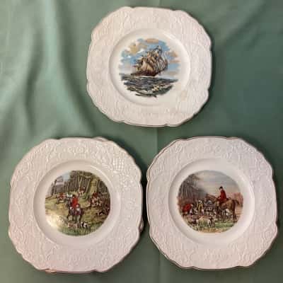Vintage W. Adams & Sons Plates – Hunting & Sailing Motifs – Set of 6