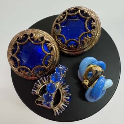 Vtg. Set of 3 Clip on Earrings Blue/Silver /Bronze Tone