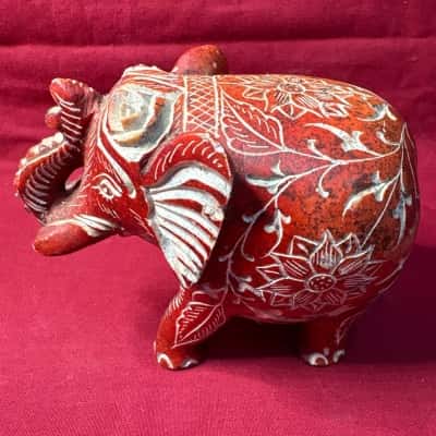 Hand carved Soapstone Elephant Figurine with Etched Floral Design