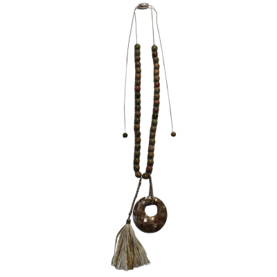  Womens Beaded Necklace Brown / Green with a round pendant and tassels 