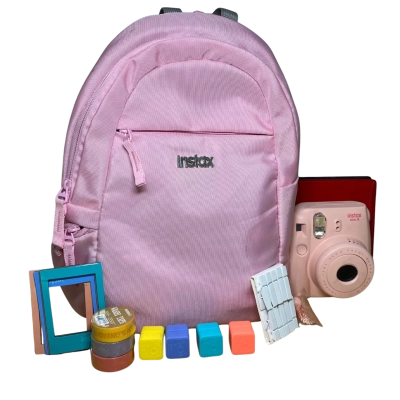 Instax camera, backpack and accessories.