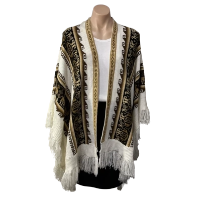 Womens One Size White / Black / Brown Patterned 100% Alpaca Shawl with Fringing