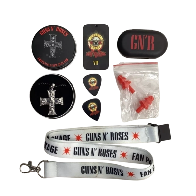 Guns N Roses 2022 VIP Tour Bundle- 925 Sterling Silver Necklace with Tin, Earplugs with Tin, 2x Guitar Picks with Tin & Lanyard (Please See Description)