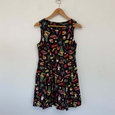 Dangerfield Black Patterned Pleated Organic Cotton Dress  Size 8  