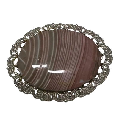 Silver Tone banded Agate Cabochon stone Womens Brooch Silver 