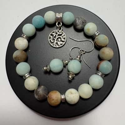 Elastic Amozonite Elastic Bracelet with tree of Life Pendant & Earrings Set