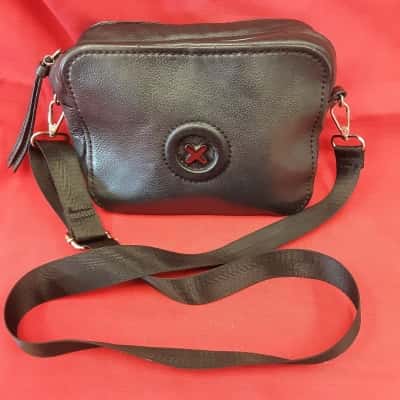 Mimco small size black leather fabric strap shoulder bag