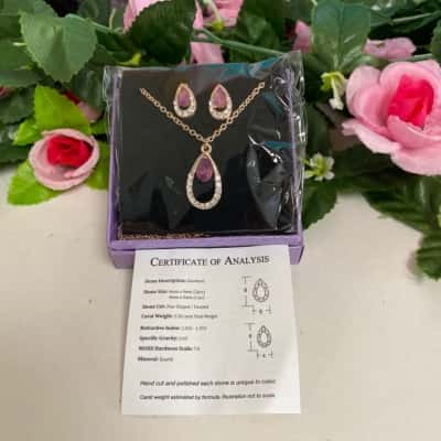 Rose gold plated and amethyst pendant and earrings set New