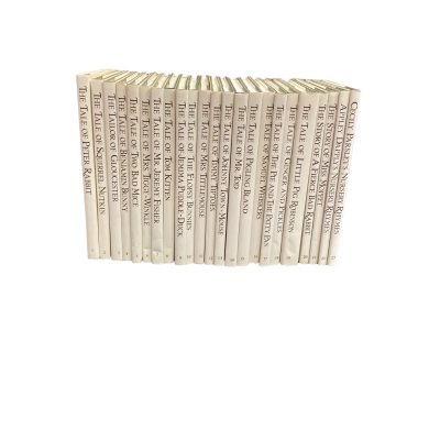 collectible set of "The World of Peter Rabbit" books by Beatrix Potter, featuring various titles in the original story series.