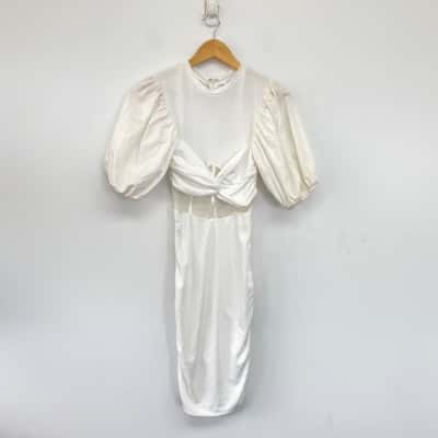 Sabo White Short Sleeve Bodycon Front Knot Midi Dress  Size XS 