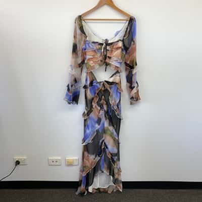 Asos Design Colourful Pattern Long Sleeve Cut Out Maxi Dress  Size 10