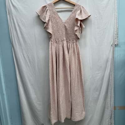 BNWT SEED HERITAGE Textured Shirred Midi Dress In Cookie Gingham Size 12