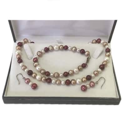  Womens Bracelet / Earrings / Necklace Matching Pearl Set Champagne / Maroon / Pink Sterling Silver Clasps
