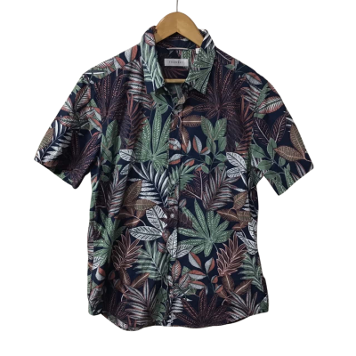 Trenery Mens Size M Navy Blue / White / Green / Brown / Green Leaf Pattern Short Sleeve Shirt