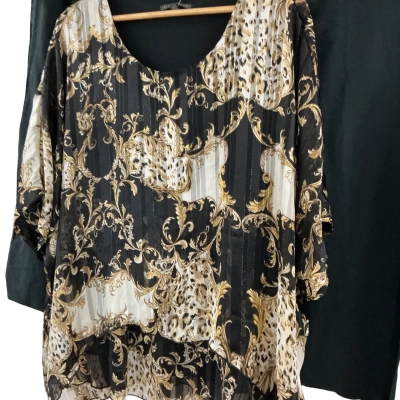 Liz Jordan Womens  Size 14 Short Sleeve Shirt Black  / Gold / Silver / White 