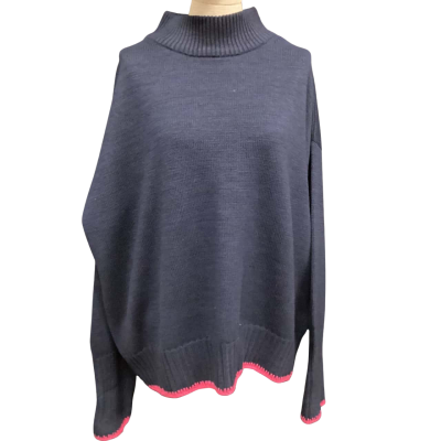 KowTow Wool Blend  Size XL Crew Neck Jumper Navy Blue  with Hot  Pink Trim 