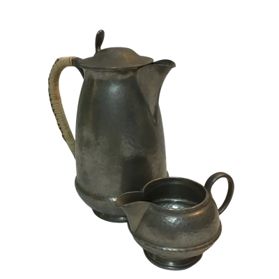 Sheffield Cornish Pewter Coffee Pot with Raffia Handle & Milk Jug