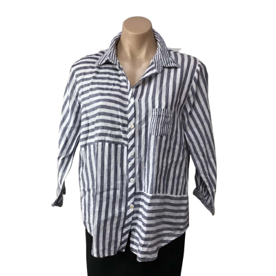 Worthier Womens Size M / L White / Grey / Striped 100% Linen 3/4 Sleeve Shirt