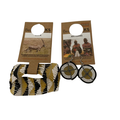 Beadworkskenya Womens Beaded Bracelet / Earrings Black  / White 