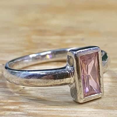 Sterling Silver Light Pink Rectangular Diamante Ring (Stamped 925)