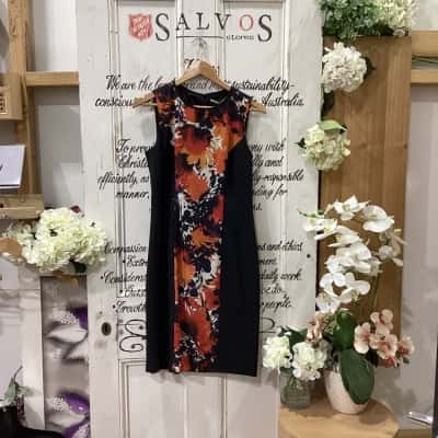JANE LAMERTON BRAND! Womens  Size 10 Midi Dress Black  / Burnt Orange / Pattern / White / Yellow! BNWT! STUNNING FORMAL DRESS! OFFERING SOME STRUCTURE THROUGHOUT! PERFECT GOING OUT DRESS! 