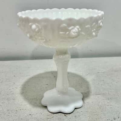 Vintage Fenton Milk Glass Cabbage Rose Pedestal Bowl