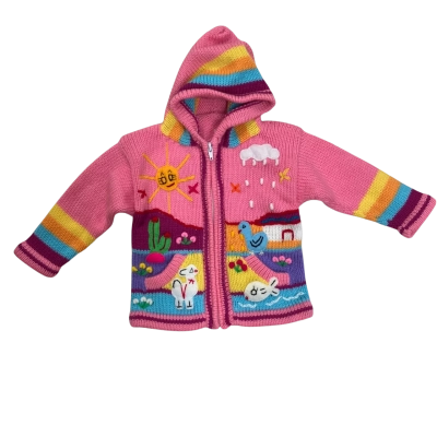 Pink Peruvian knitted cardigan with colourful embroidered landscapes and scenes.