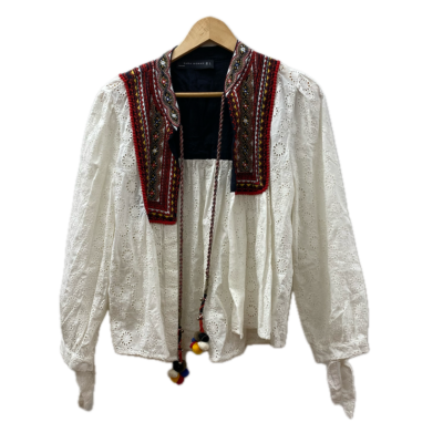 Zara Womens Blouse Size S White Tie Front Broderie Anglaise and Multicoloured embroidery details