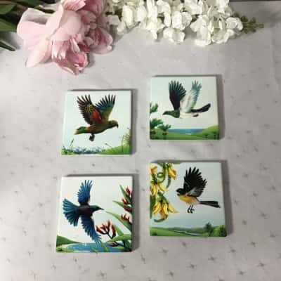 New Zealand Birds in Flight Set of 4 Ceramic Coasters with Cork Backing (boxed)