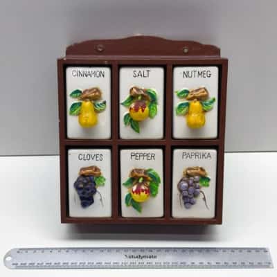 Vintage Mid Century Japanese Ceramic Spice Shaker Rack Set Fruit Embossed 6pc