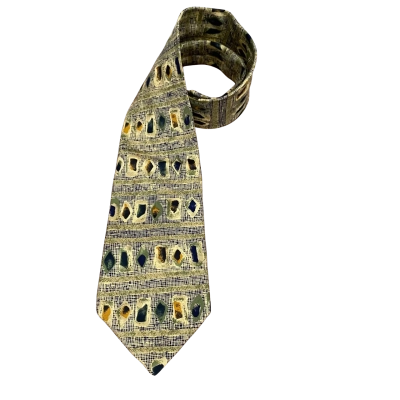 Folkespeare Mens 100% Silk Vintage Style Tie Beige / Green / Navy Blue 